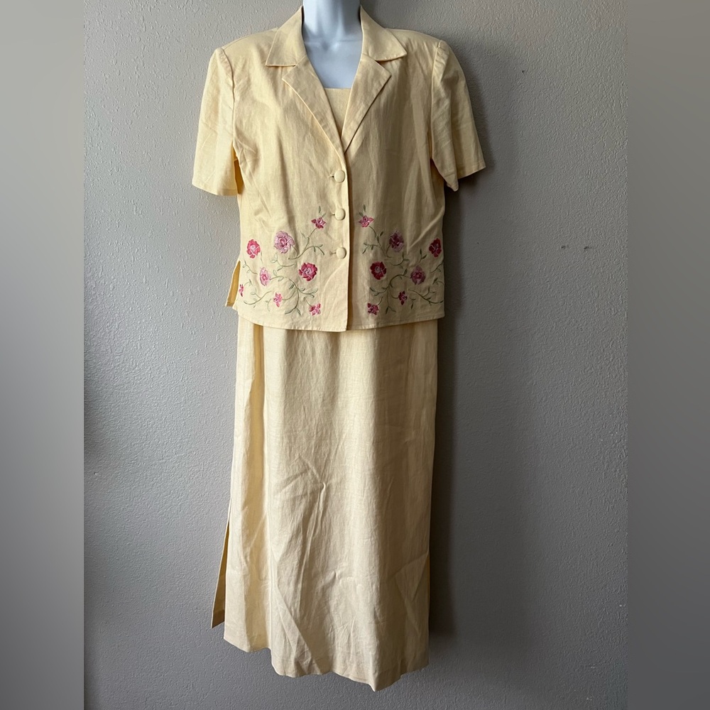 Vintage Floral Embroidered Linen Yellow Dress Set